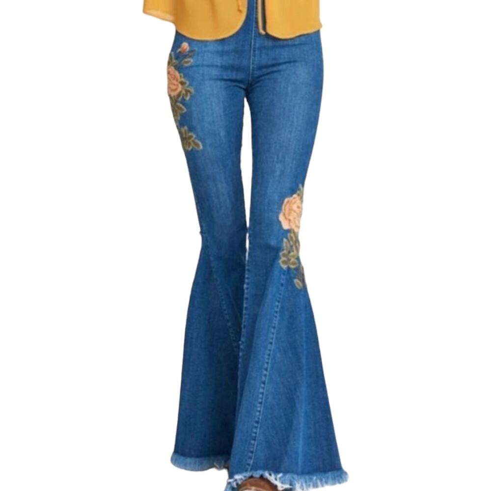 Show Me Your Mumu Berkeley Bell Rainfall Desert Rose Embroidered Jeans XS Flare